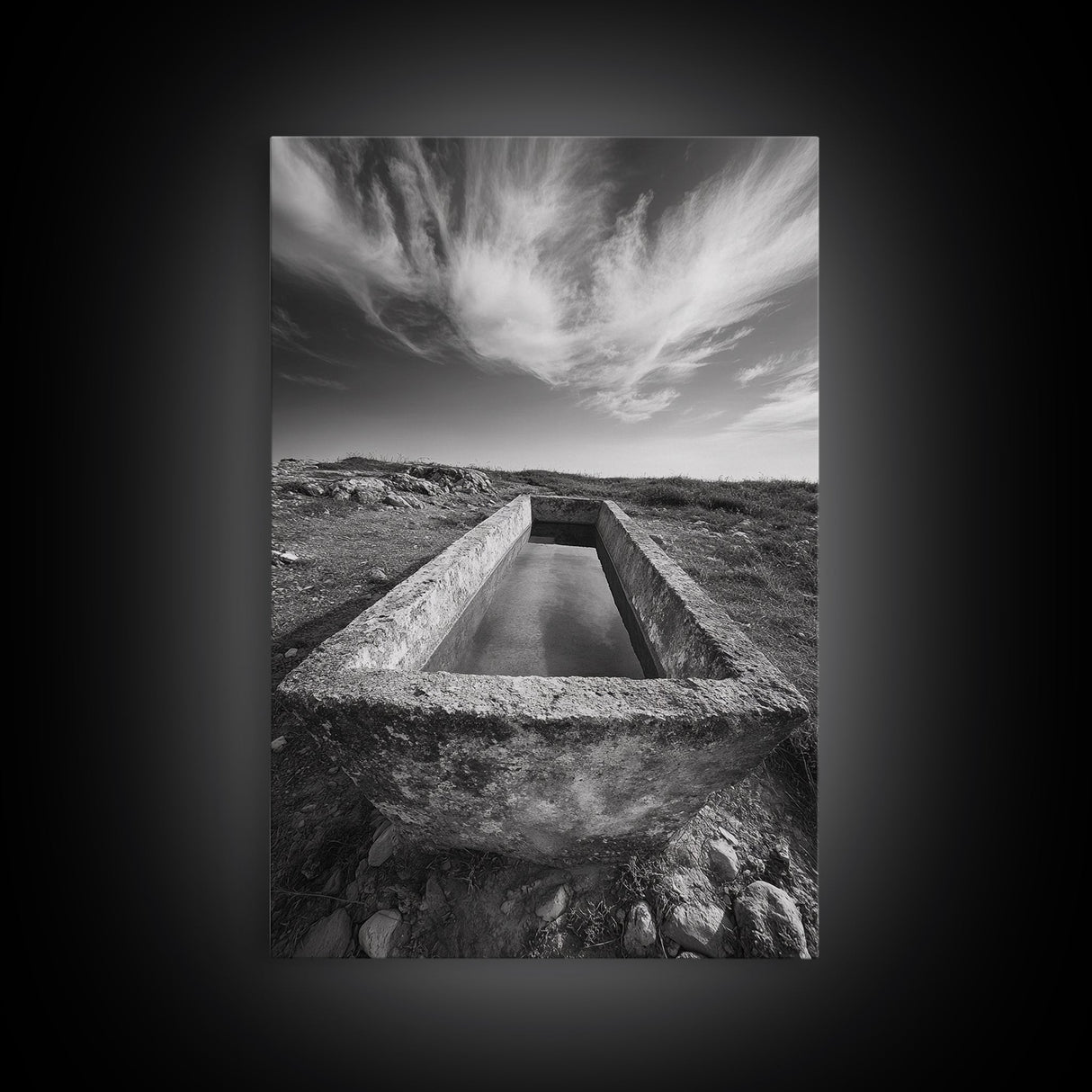 Stone Water Trough, Wild Horizon, Rustic Scene, Framed Canvas Print, Country Farm Decor, Outdoor Living Art, Neutral Wall Accent