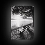 Peaceful Lake Bench, Tranquil Sunrise, Tree Shade View, Nature Serenity, Framed Canvas Print, Minimalist Art, Bedroom Wall Decor