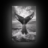 Whale Tail Splash, Ocean Sunset, Marine Majesty, Powerful Moment, Framed Canvas Print, Nautical Art, Coastal Living Room Decor