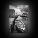 Docked Rowboat Scene, Calm Harbor, Coastal Village, Still Waters, Framed Canvas Print, Seaside Art, Beach House Wall Decor