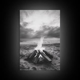 Beach bonfire moment, soft flame serenity, ocean dusk, coastal camp vibes, Framed Canvas Print, Fall decor, hygge inspired wall decor