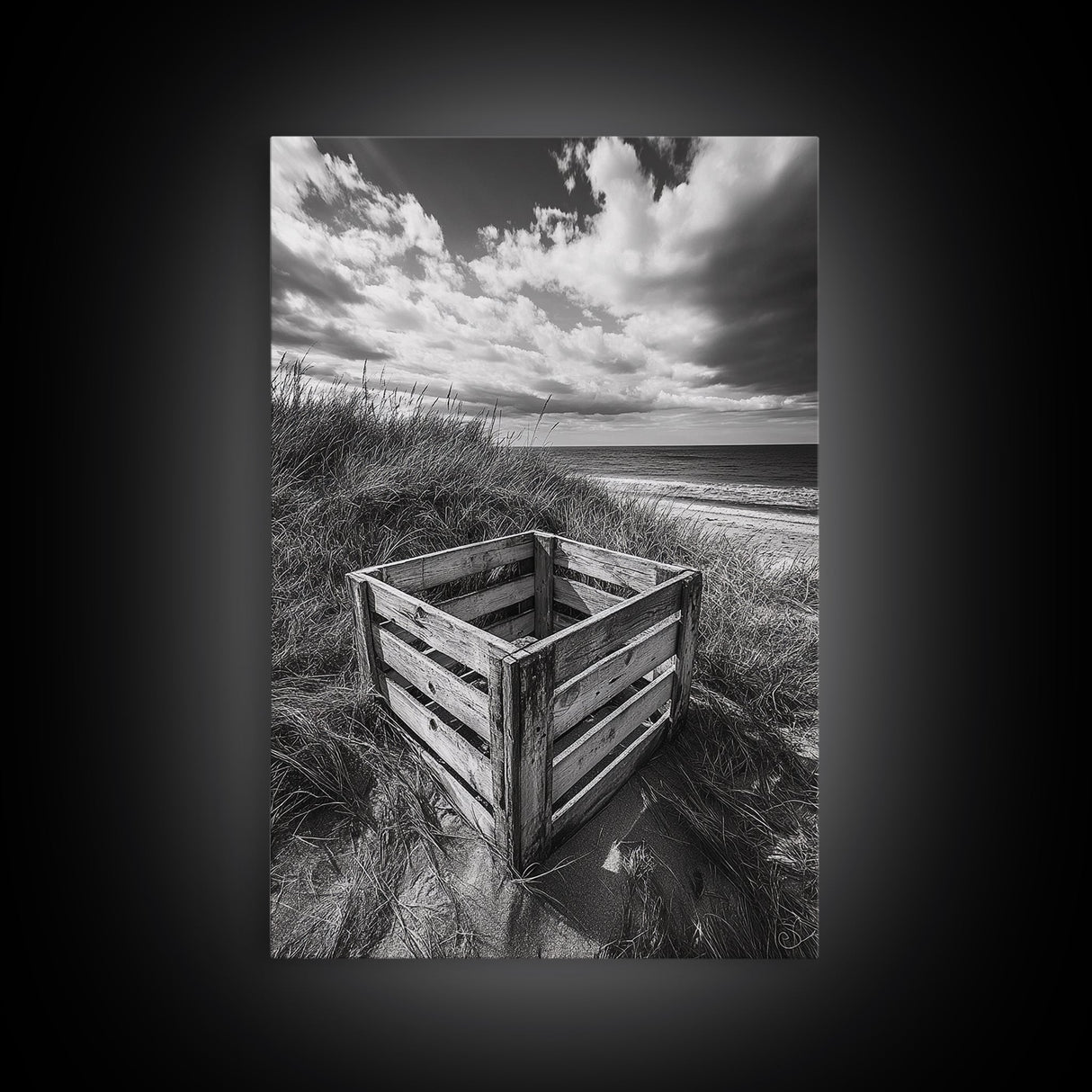 Weathered Crate, Ocean Dunes, Coastal Photography, Canvas Print, Beach House Wall Art, Minimalist Rustic Decor, Bathroom Wall Art