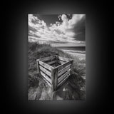 Weathered Crate, Ocean Dunes, Coastal Photography, Canvas Print, Beach House Wall Art, Minimalist Rustic Decor, Bathroom Wall Art