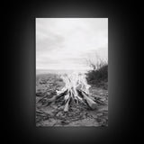 Campfire, Beach, Smoke, Glow - Cozy outdoor scene with flickering flame, Canvas Print, perfect rustic cabin or camping decor, Autumn Wall Art