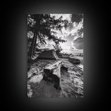 Tent, Beach, Sunset, Trees - Rustic camping coastal escape vibe, Framed Canvas Print, ideal bedroom or adventure nursery decor, outdoor art