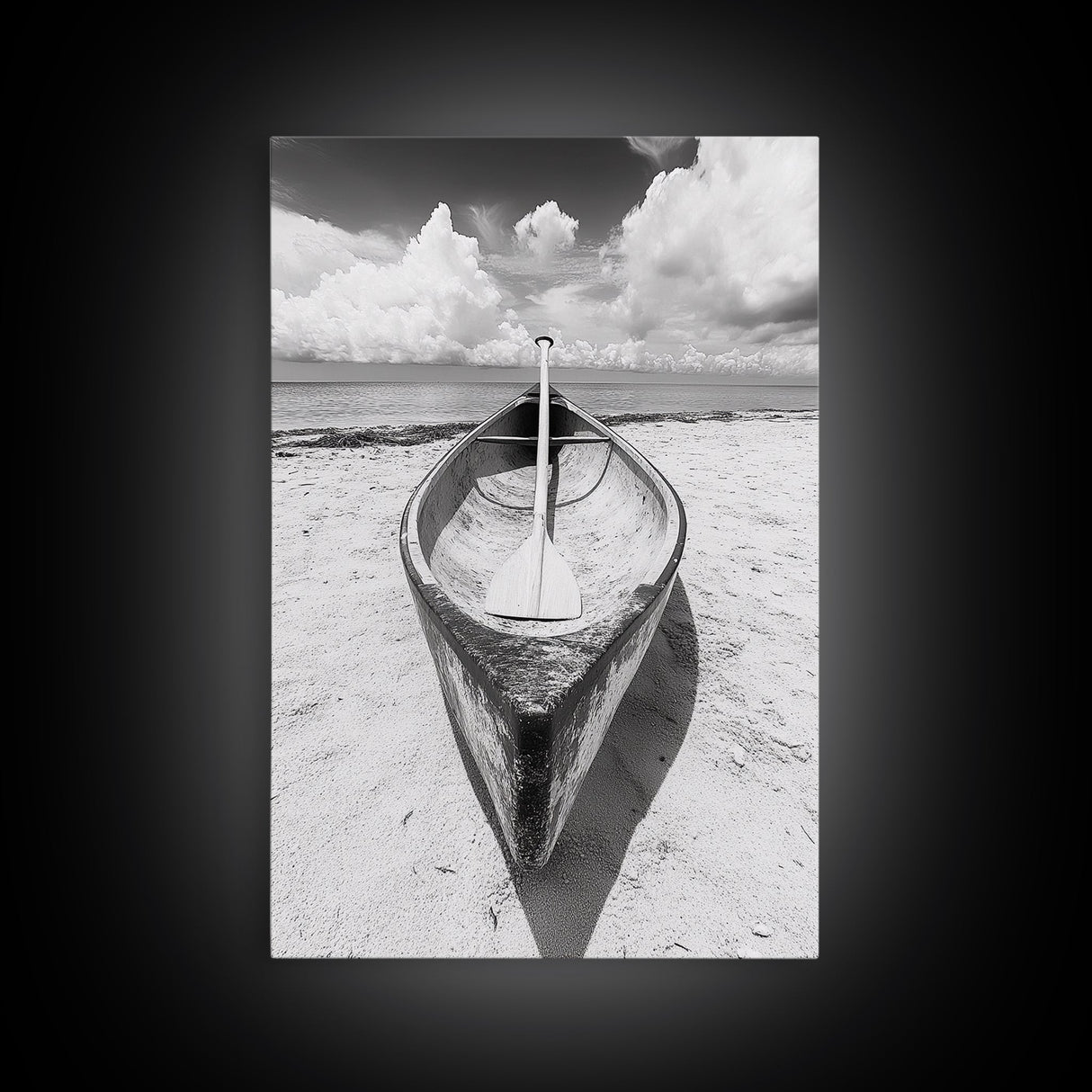 Paddle, Canoe, Beach, Clouds - Summer boating scene, Canvas Print, ideal bathroom or guestroom nautical art, rustic coastal boho wall decor