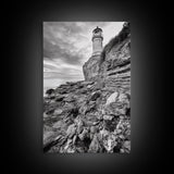 Lighthouse Beacon, Rocky Shoreline, Nautical Coastal Scene, Framed Canvas Print, Ocean View Art, Seaside Living Room Wall Decor
