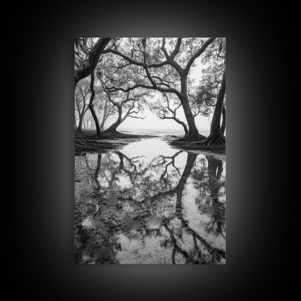 Misty Forest Trees, Reflection Photography, Nature Landscape, Canvas Print, Neutral Tones, Bedroom Wall Decor, Moody Autumn Forest Art