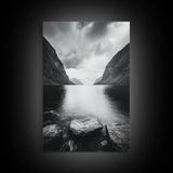 Mountain Lake, Nordic Fjord, Moody Water, Framed Canvas Print, Minimalist Wall Art, Serene Living Room Decor, Monochrome Nature Scene