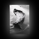 Driftwood Shore, Tidal Beauty, Washed Wood, Canvas Print, Coastal Beach Wall Art, Minimalist Bathroom Decor, Black and White Ocean Scene