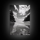 Dragonfly Flight, Beach View, Nature Dream, Framed Canvas Print, Whimsical Wall Art, Surreal Living Room Decor, Black and White Nature Style