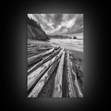 Driftwood Beach, Coastal Logs, Wild Shore, Canvas Print, Rustic Ocean Wall Art, Cabin Bathroom Decor, Nature Inspired Photography