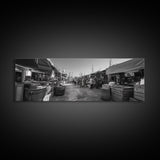 Mediterranean Market Scene, Travel Wall Decor, Rustic Street View, Framed Canvas Print, Kitchen Wall Art, Black and White Photography