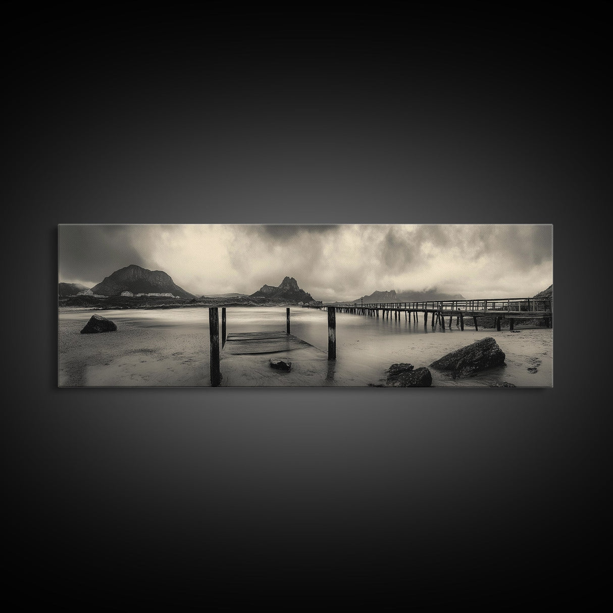 Dockside Calm, Stormy Shore, Ocean Jetty, Framed Canvas Print, Moody Coastal Wall Art, Living Room Art, Rustic Lakehouse Decor