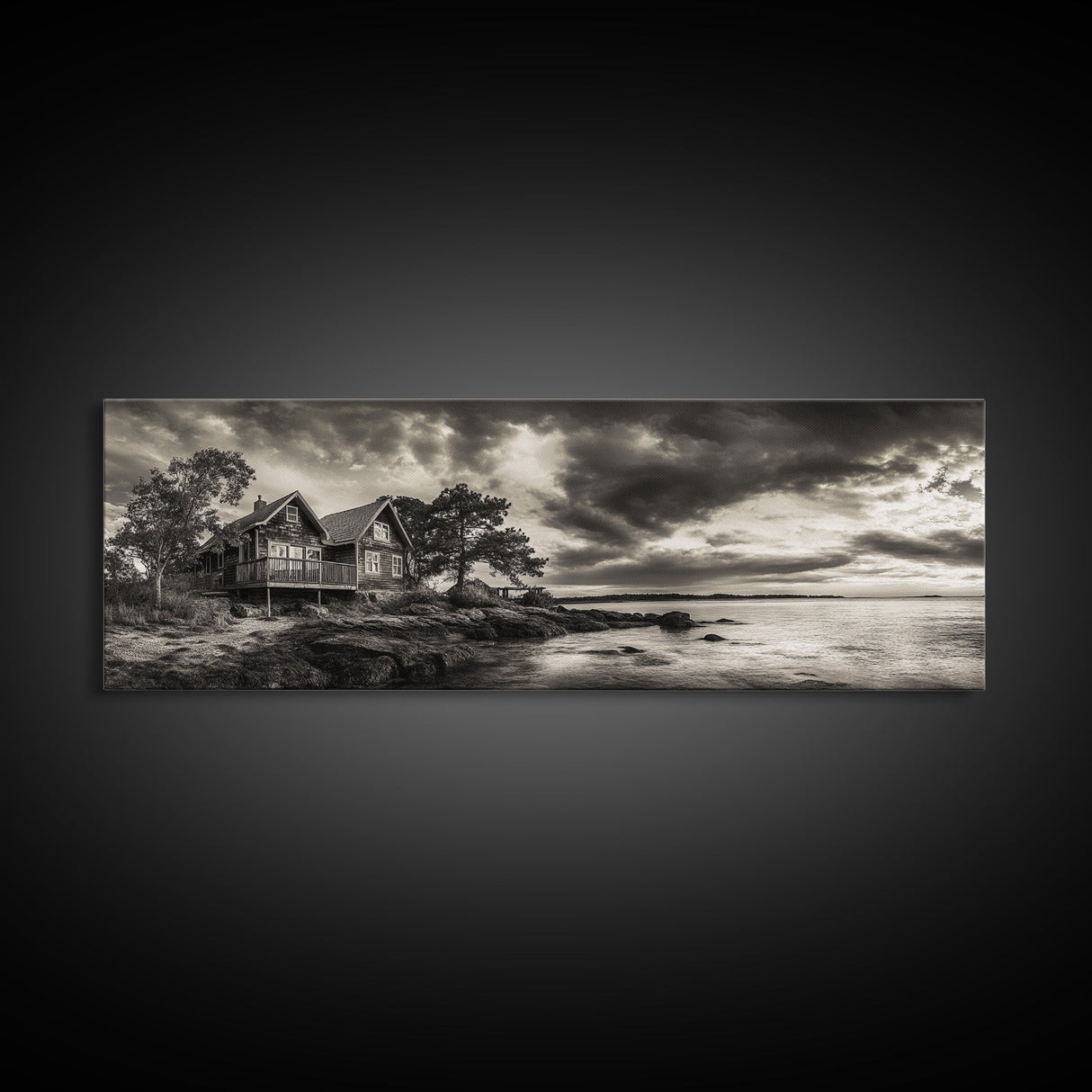 Lakeside Cabin, Stormy Sky, Rustic Escape, Framed Canvas Print, Cabin Wall Art, Lake House Decor, Autumn Living Room Art, Cozy Lodge Style