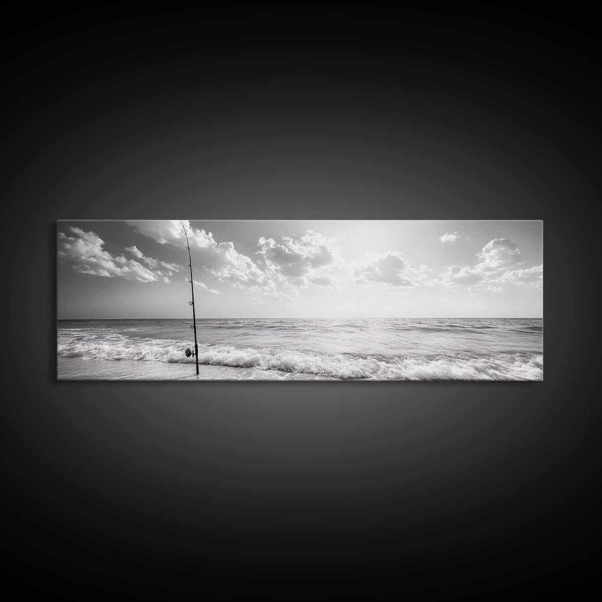 Beach Fishing, Ocean Waves, Rod and Reel, Framed Canvas Print, Coastal Living Wall Art, Minimalist Nautical Decor, Beach House Aesthetic
