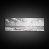Beach Fishing, Ocean Waves, Rod and Reel, Framed Canvas Print, Coastal Living Wall Art, Minimalist Nautical Decor, Beach House Aesthetic