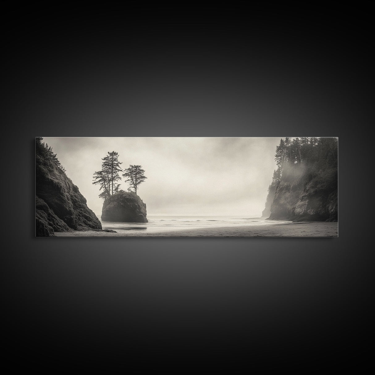 Foggy Beach, Coastal Pines, Ocean Cliffside, Nature Escape, Framed Canvas Print, Moody Wall Art, Living Room Decor, Pacific Northwest Style