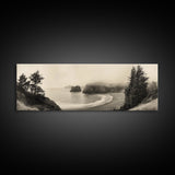 Misty Bay, Forested Coast, Moody Landscape, Serene Shoreline, Framed Canvas Print, Coastal Wall Art, Bedroom Decor, Earthy Tones