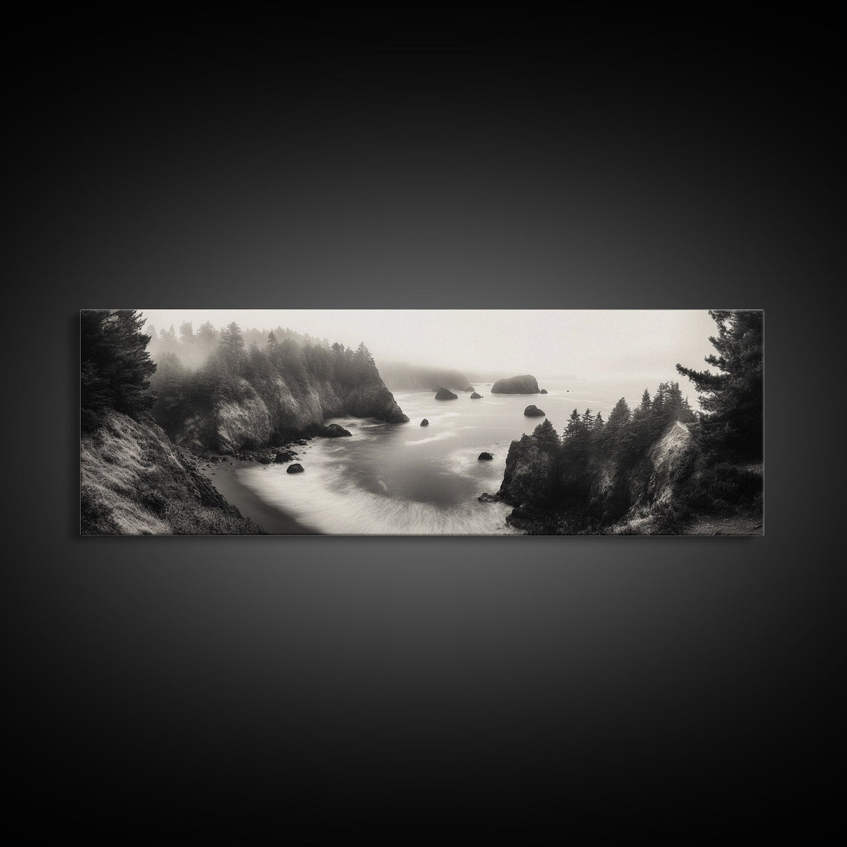 Ocean Rocks, Foggy Horizon, Coastal Cliffs, Dreamy Seascape, Canvas Print, Moody Nature Art, Living Room Wall Art, Coastal Minimalism