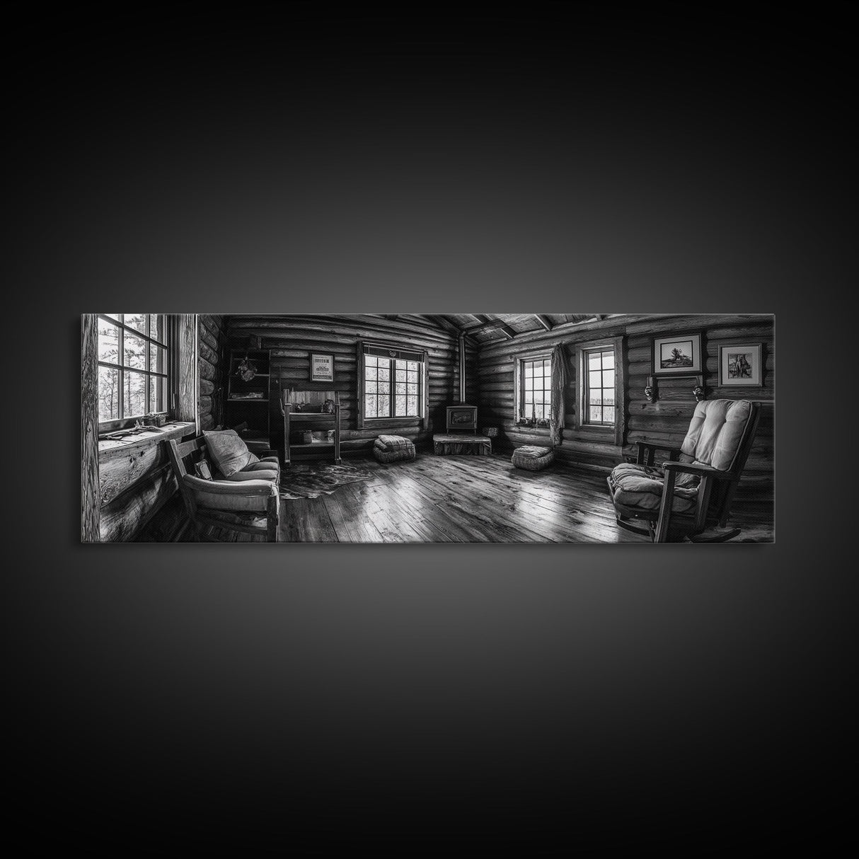Rustic Cabin, Cozy Interior, Nature Retreat, Framed Canvas Print, Living Room Wall Art, Black and White Photography, Lodge Decor