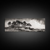 Coastal Pines, Ocean View, Windswept Trees, Framed Canvas Print, Minimalist Landscape Art, Neutral Tones, Entryway Wall Decor