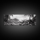 Rocky Shore, Ocean Vista, Misty Wilderness, Framed Canvas Print, Nature Wall Art, Monochrome Landscape, Cabin or Office Decor