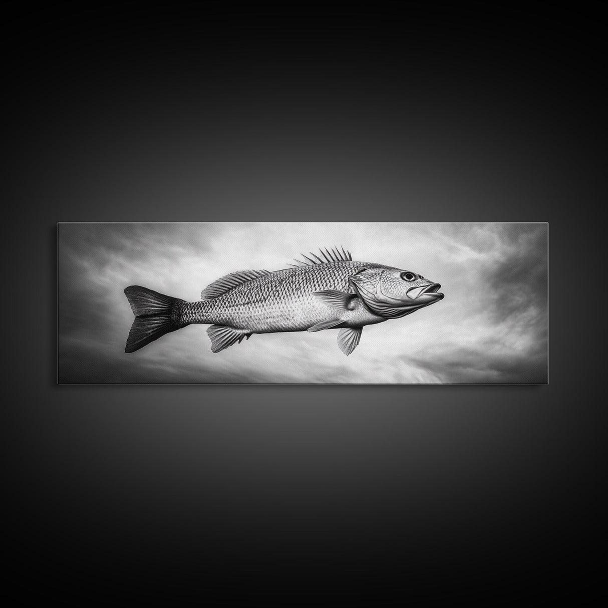 Floating Fish, Surreal Ocean, Realistic Scales, Sky Scene, Framed Canvas Print, Nautical Wall Art, Coastal Decor, Fishing Cabin Aesthetic