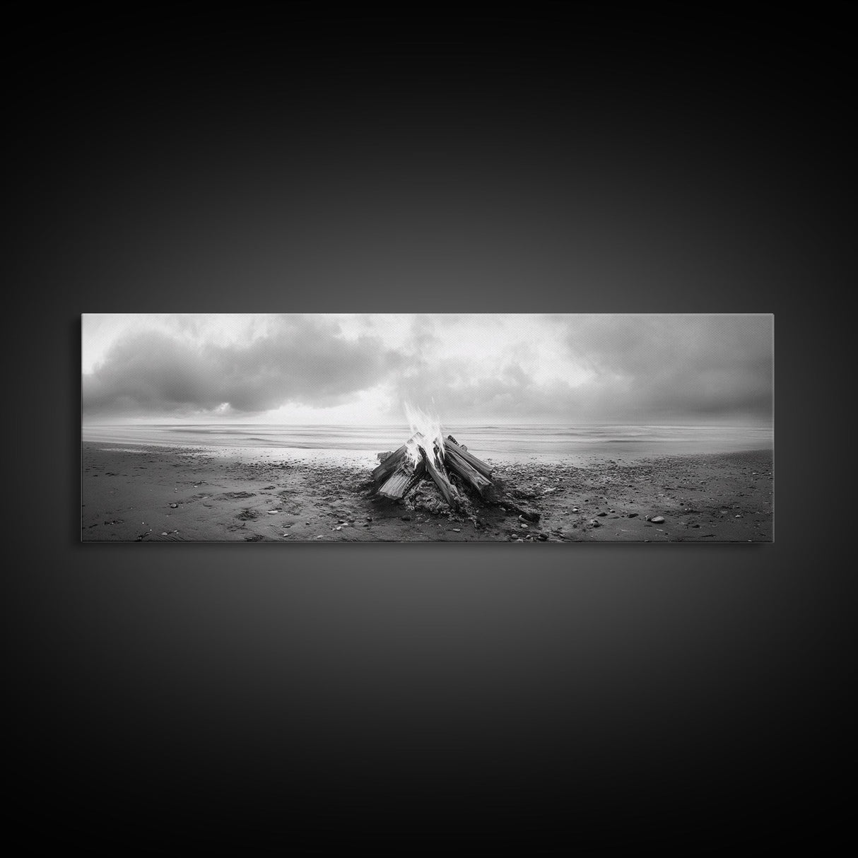 Beach Bonfire, Coastal Glow, Driftwood Fire, Ocean Calm, Framed Canvas Print, Fall Wall Art, Living Room Decor, Nature Photography Style