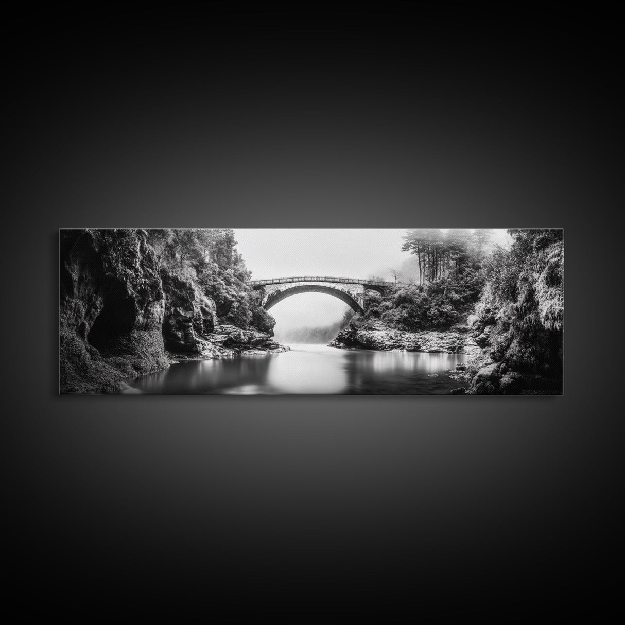 Stone Bridge, Forest River, Morning Mist, Canvas Print, Black and White Landscape, Nature Wall Art, Rustic Bathroom Art, Den Decor
