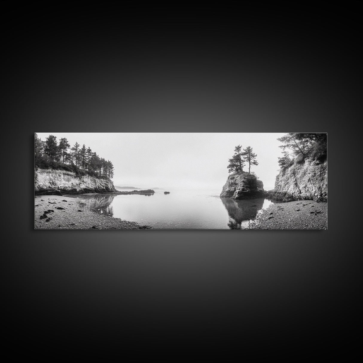 Forest Cove, Serene Shoreline, Calm Reflections, Canvas Print, peaceful nature wall art, neutral tones decor, minimalist bathroom artwork