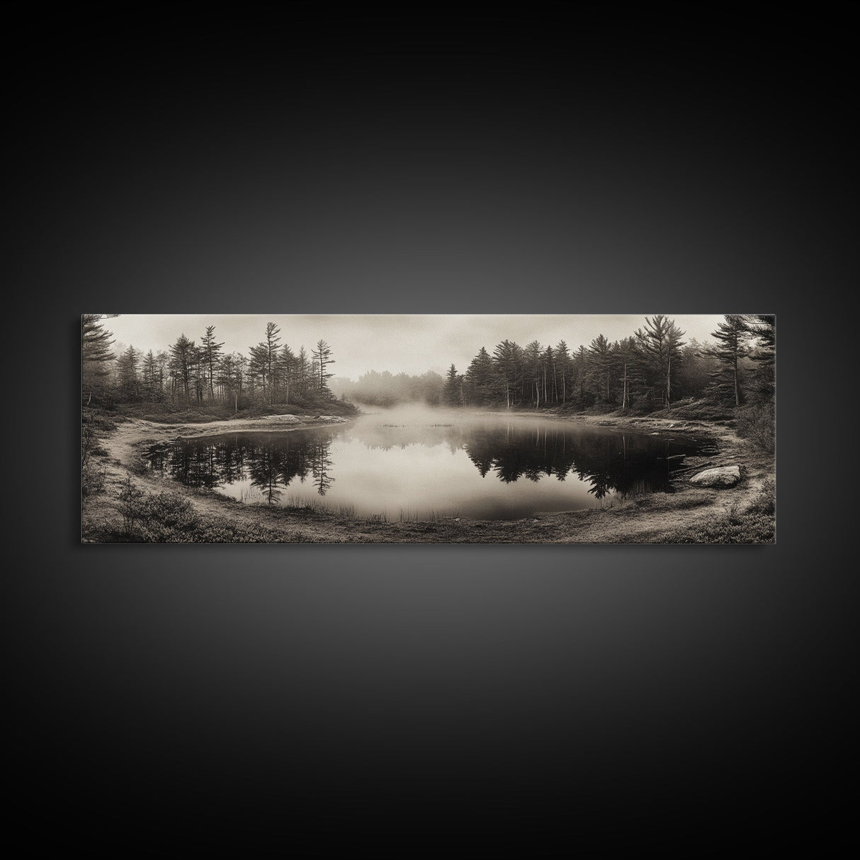 Misty Forest, Autumn Lake, Fog Reflections, Framed Canvas Print, cozy cabin decor, woodland living room art, rustic Fall photography