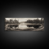 Misty Forest, Autumn Lake, Fog Reflections, Framed Canvas Print, cozy cabin decor, woodland living room art, rustic Fall photography