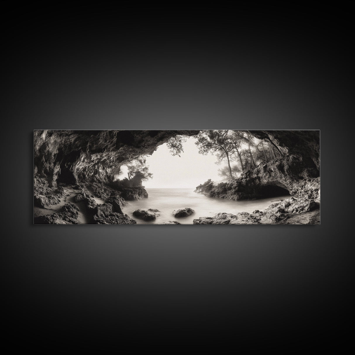 Ocean Cave, Coastal Trees, Natural Light, Canvas Print, tranquil coastal wall art, bedroom boho decor, dreamy nature scene artwork