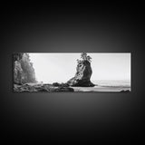 Sea Stack, Rugged Coast, Ocean Cliffside, Framed Canvas Print, Coastal landscape, Nature photography, Office wall art, Monochrome design