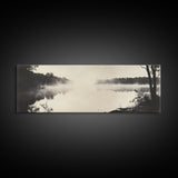 Misty River, Forest Reflection, Black and White Nature, Framed Canvas Print, Tranquil Decor, Bedroom Wall Art, Moody Minimalist Art