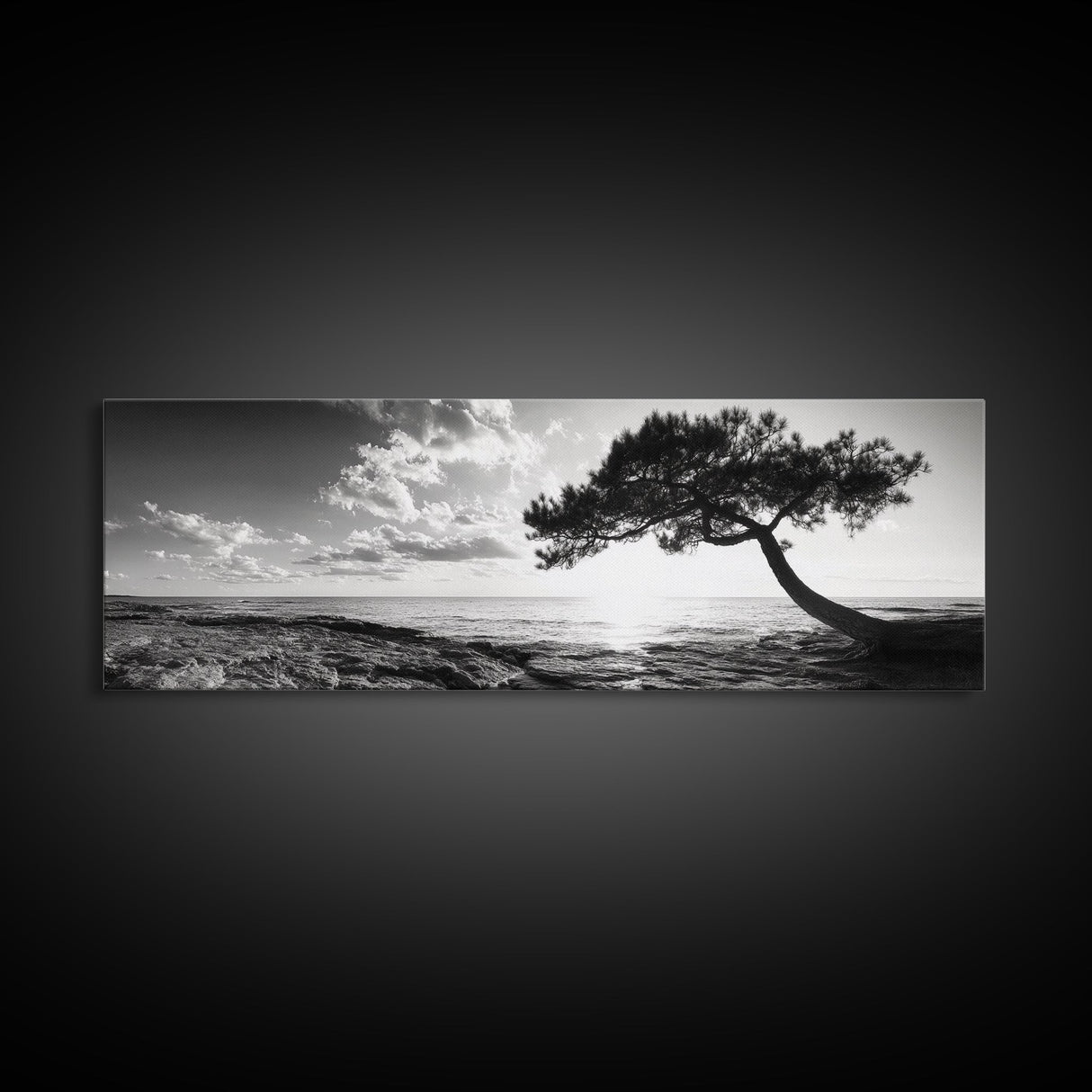 Lone Tree, Coastal Sunset, Ocean Horizon, Framed Canvas Print, Tranquil Landscape Art, Meditation Room Wall Art, Nature Zen Decor