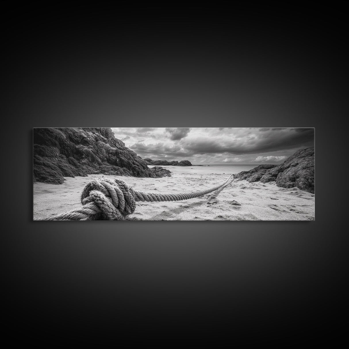 Nautical Rope Shore, Moody Ocean Rocks, Coastal Minimalist, Framed Canvas Print, Entryway Wall Art, Rustic Nautical Decor, Lakehouse Wall Art