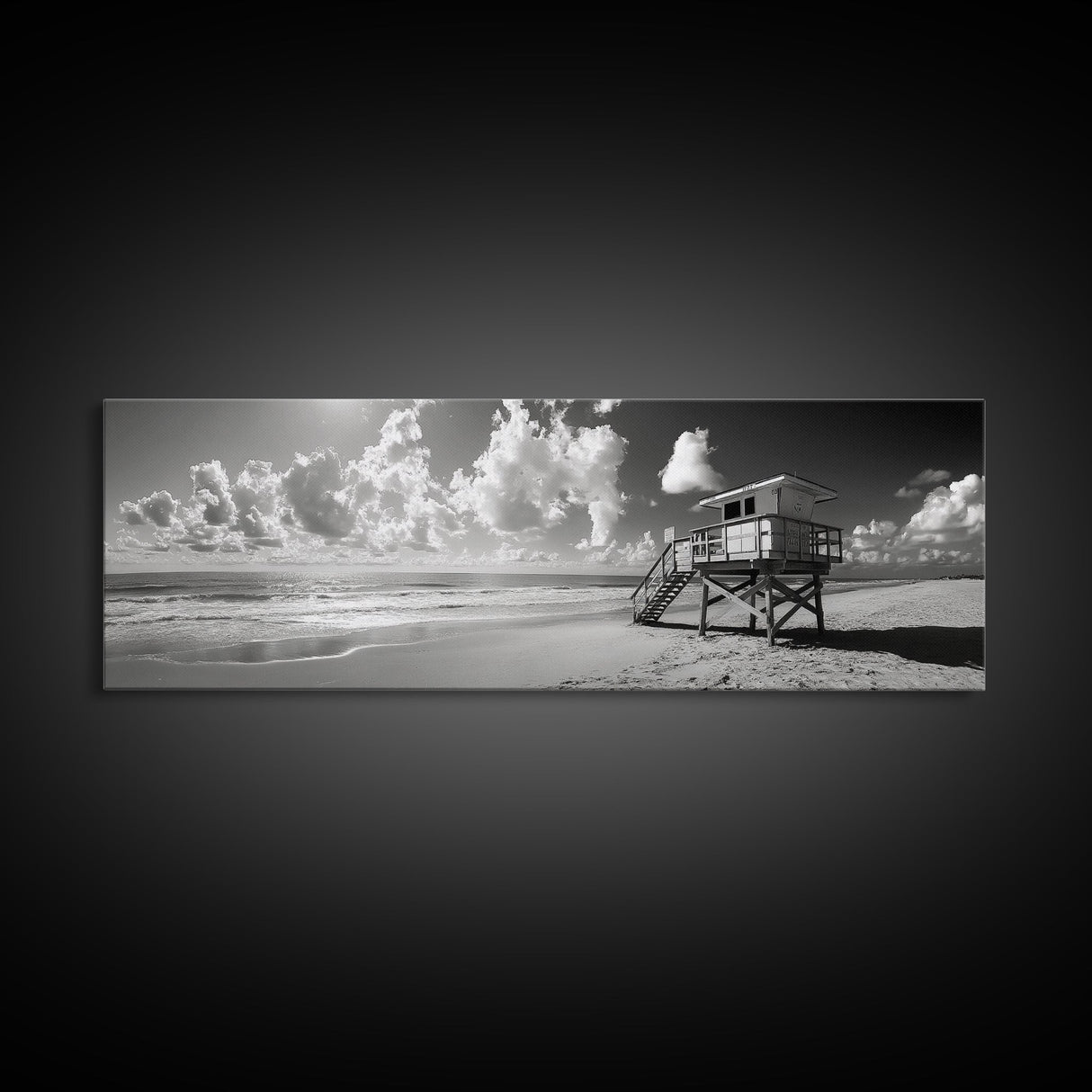 Lifeguard Tower Sky, Beach Scene Clouds, Surfside Minimalism, Framed Canvas Print, Bathroom Wall Art, Modern Coastal Decor