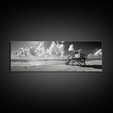 Lifeguard Tower Sky, Beach Scene Clouds, Surfside Minimalism, Framed Canvas Print, Bathroom Wall Art, Modern Coastal Decor