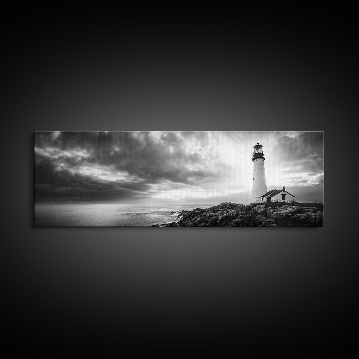 Dramatic Lighthouse Coast, Ocean Storm Horizon, Coastal Adventure, Framed Canvas Print, Living Room Wall Art, Nautical Fall Decor