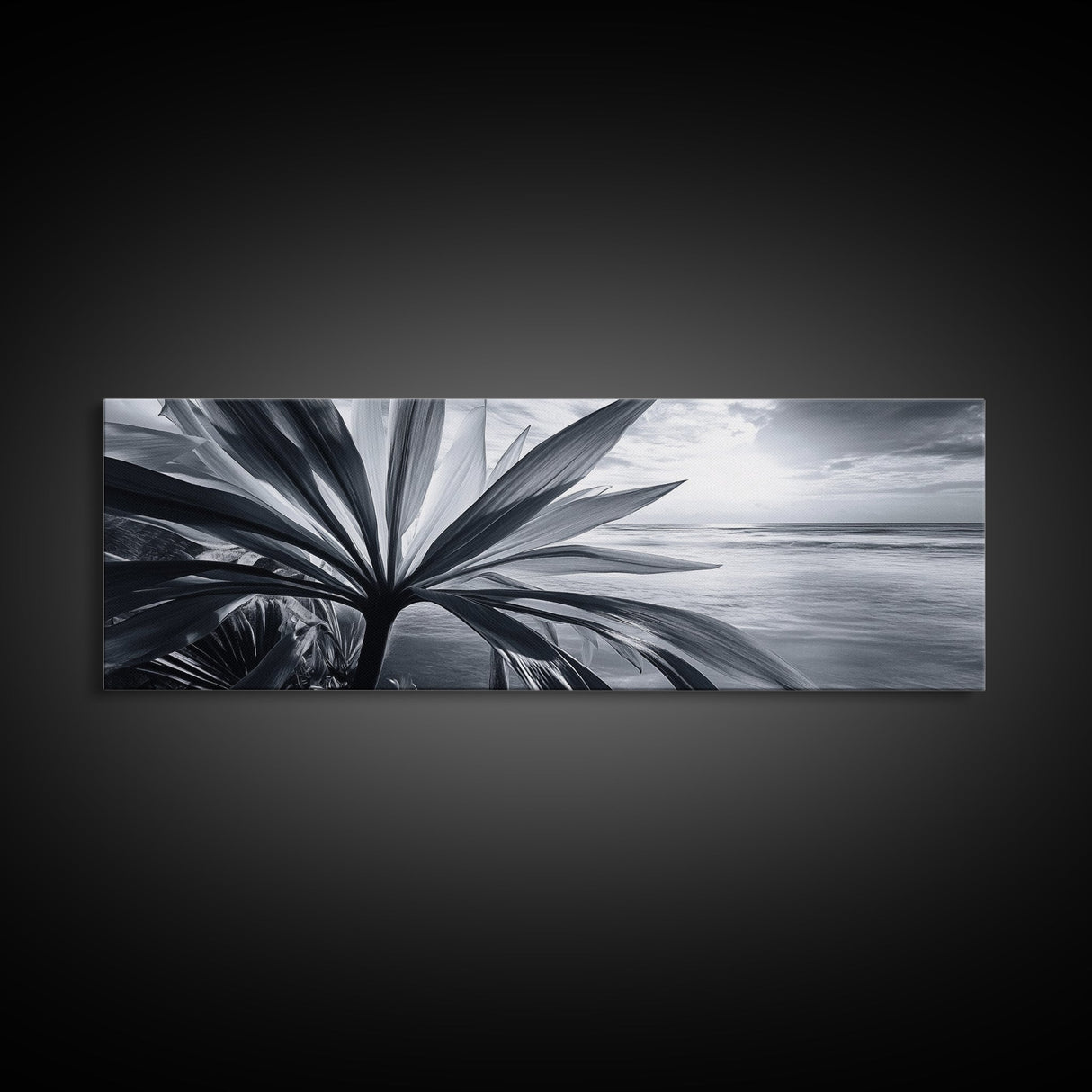 Tropical Leaf Closeup, Ocean Horizon Sunset, Botanical Beach, Framed Canvas Print, Kitchen Wall Art, Coastal Jungle Decor, Rustic Lakehouse Decor