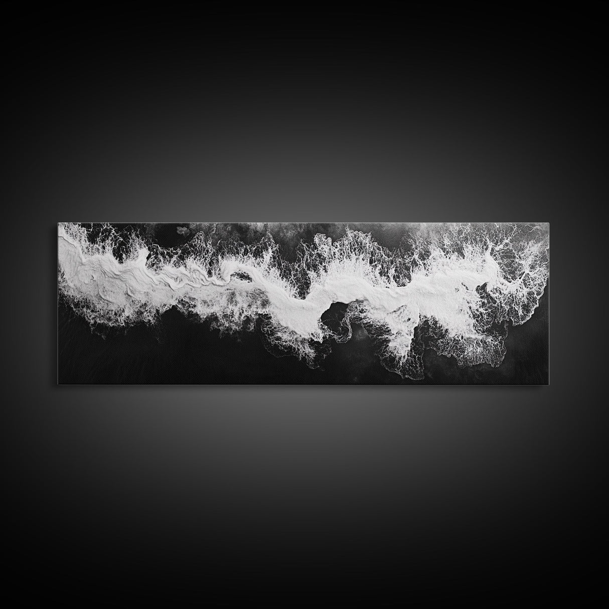 Ocean Wave, Aerial Surf, Coastal Abstract, Monochrome Motion, Framed Canvas Print, Modern Bathroom Art, Minimalist Art, Black and White Decor