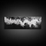 Ocean Wave, Aerial Surf, Coastal Abstract, Monochrome Motion, Framed Canvas Print, Modern Bathroom Art, Minimalist Art, Black and White Decor