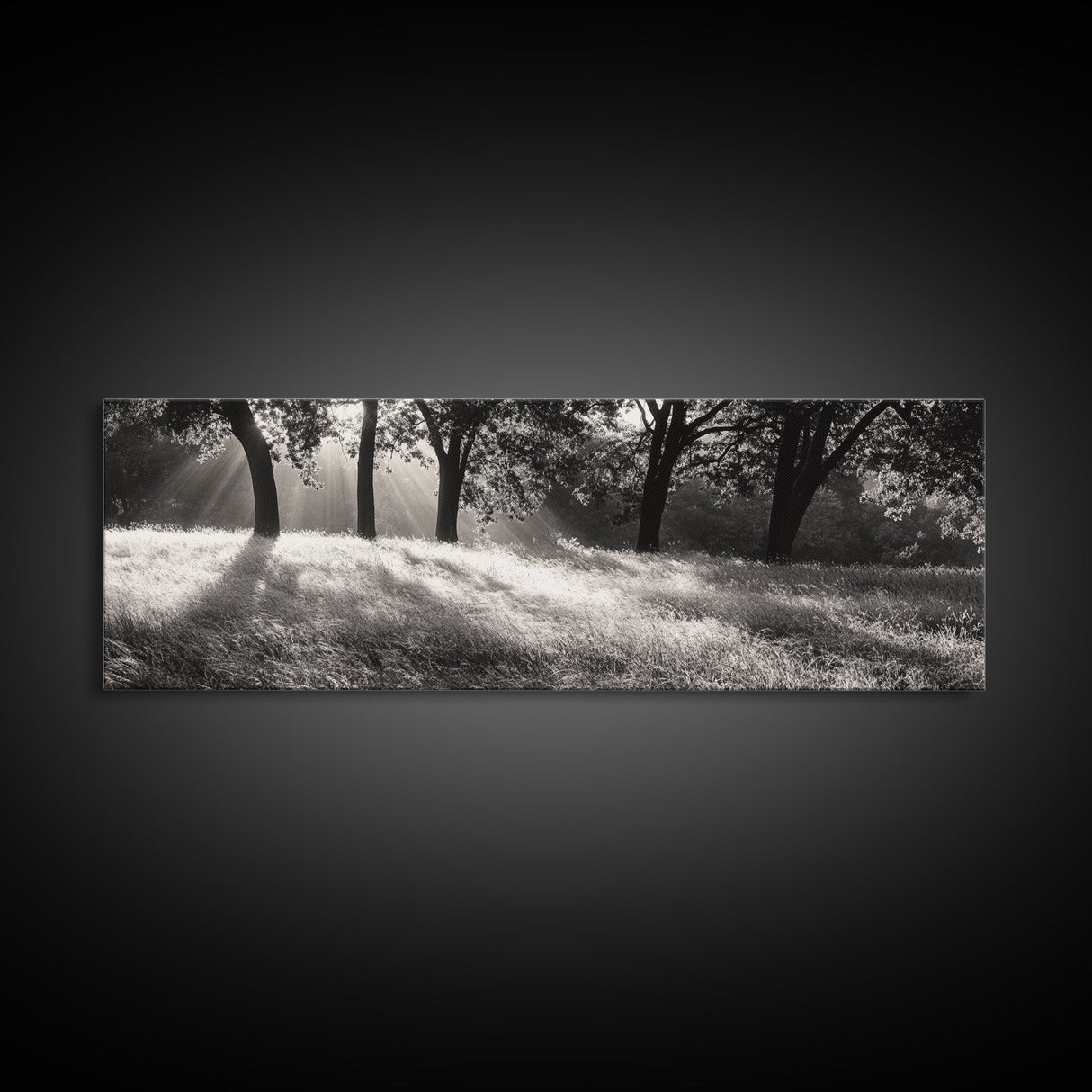 Sunrays Meadow, Tree Light, Golden Hour, Framed Canvas Print, Fall Living Room Art, Rustic Nature Decor, Warm Toned Landscape