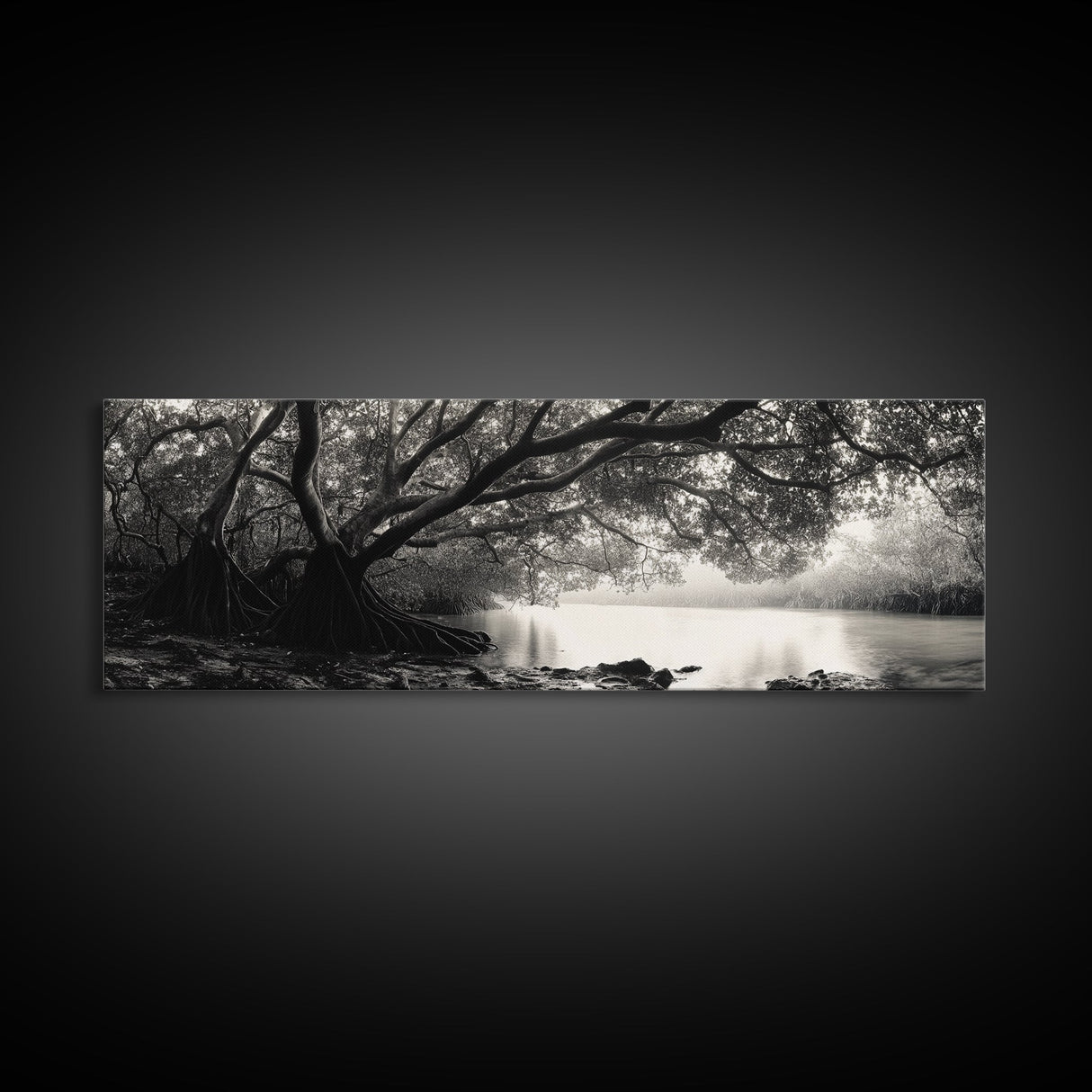 Mangrove Forest, River Flow, Rooted Stillness, Canvas Print, Zen Office Decor, Moody Jungle Art, Monochrome Nature Print
