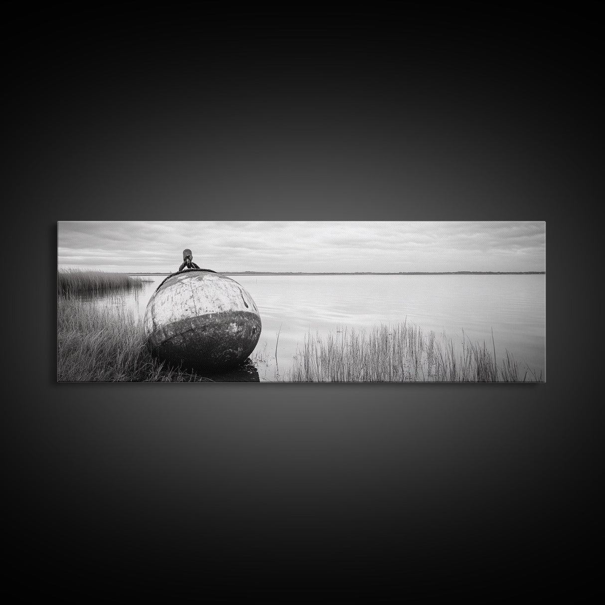 Coastal Buoy, Still Waters, Nautical Calm, Framed Canvas Print, Lakeside Bathroom Art, Maritime Style, Rustic Ocean Decor
