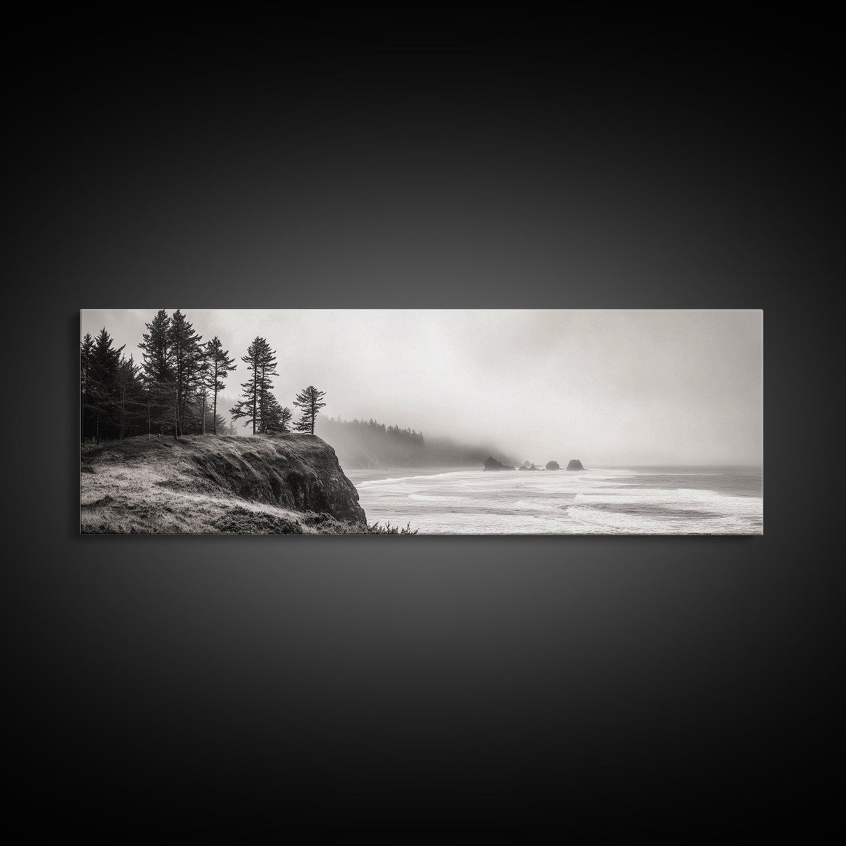 Foggy Pines, Ocean Horizon, Coastal Landscape, Moody Beach Scene, Canvas Print, Bedroom Wall Art, Rustic Cabin Decor, Nature Photography