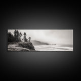 Foggy Pines, Ocean Horizon, Coastal Landscape, Moody Beach Scene, Canvas Print, Bedroom Wall Art, Rustic Cabin Decor, Nature Photography