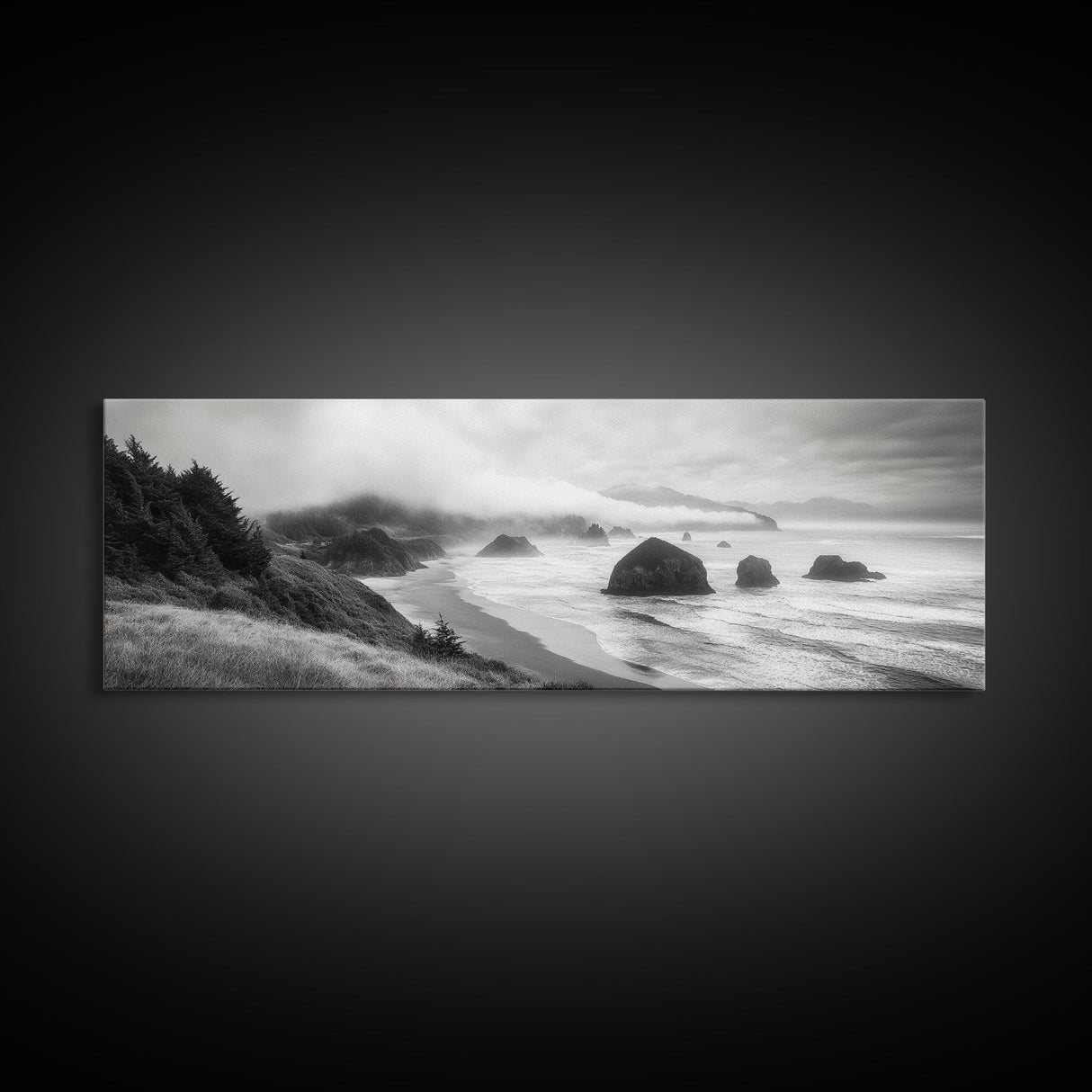 Pacific Coast, Misty Cliffs, Ocean Rocks, Moody Beach Scene, Canvas Print, Modern Nature Decor, Living Room Wall Art, Coastal Landscape